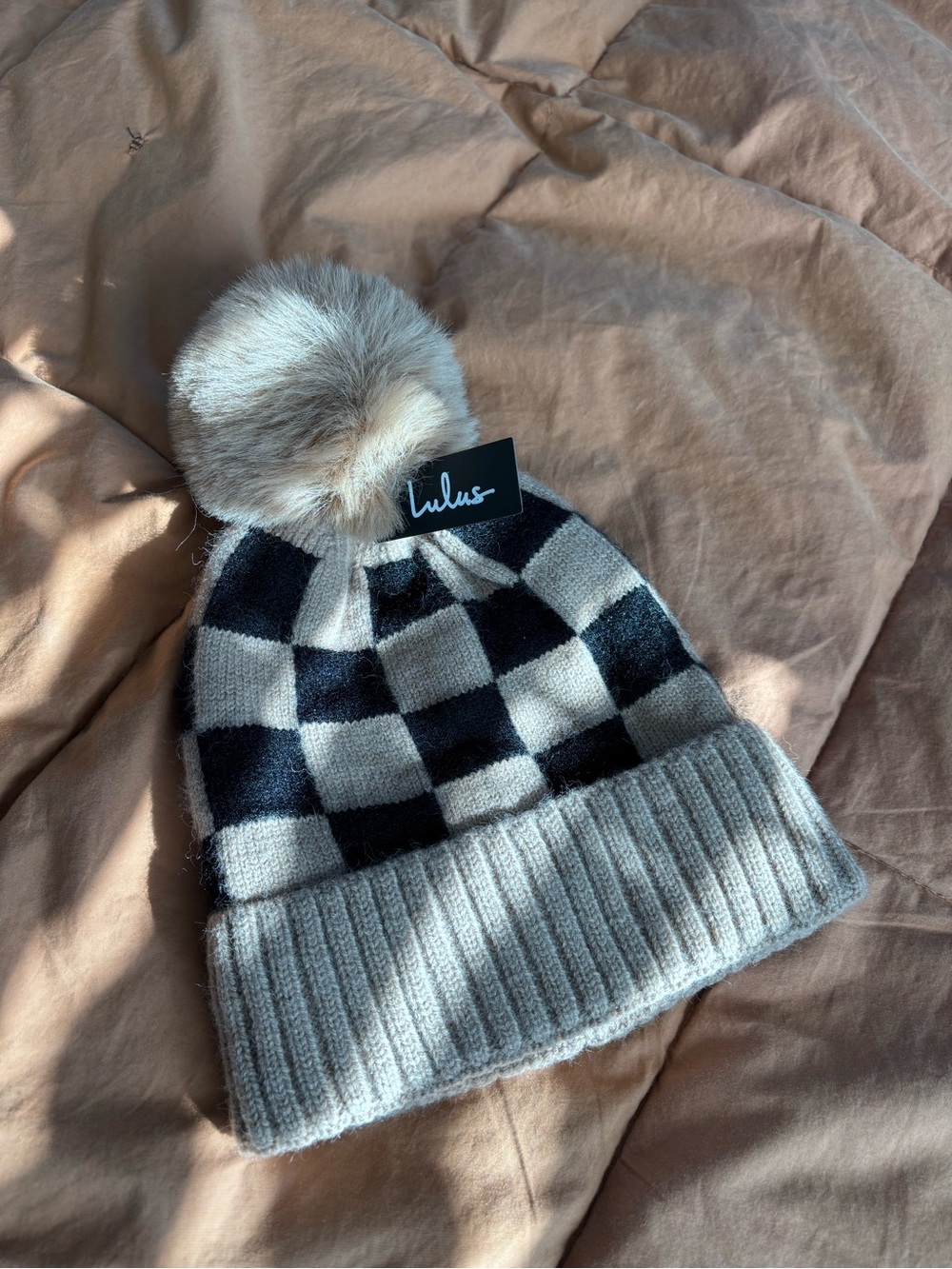 Lulu's Black & Cream Check Pom Beanie